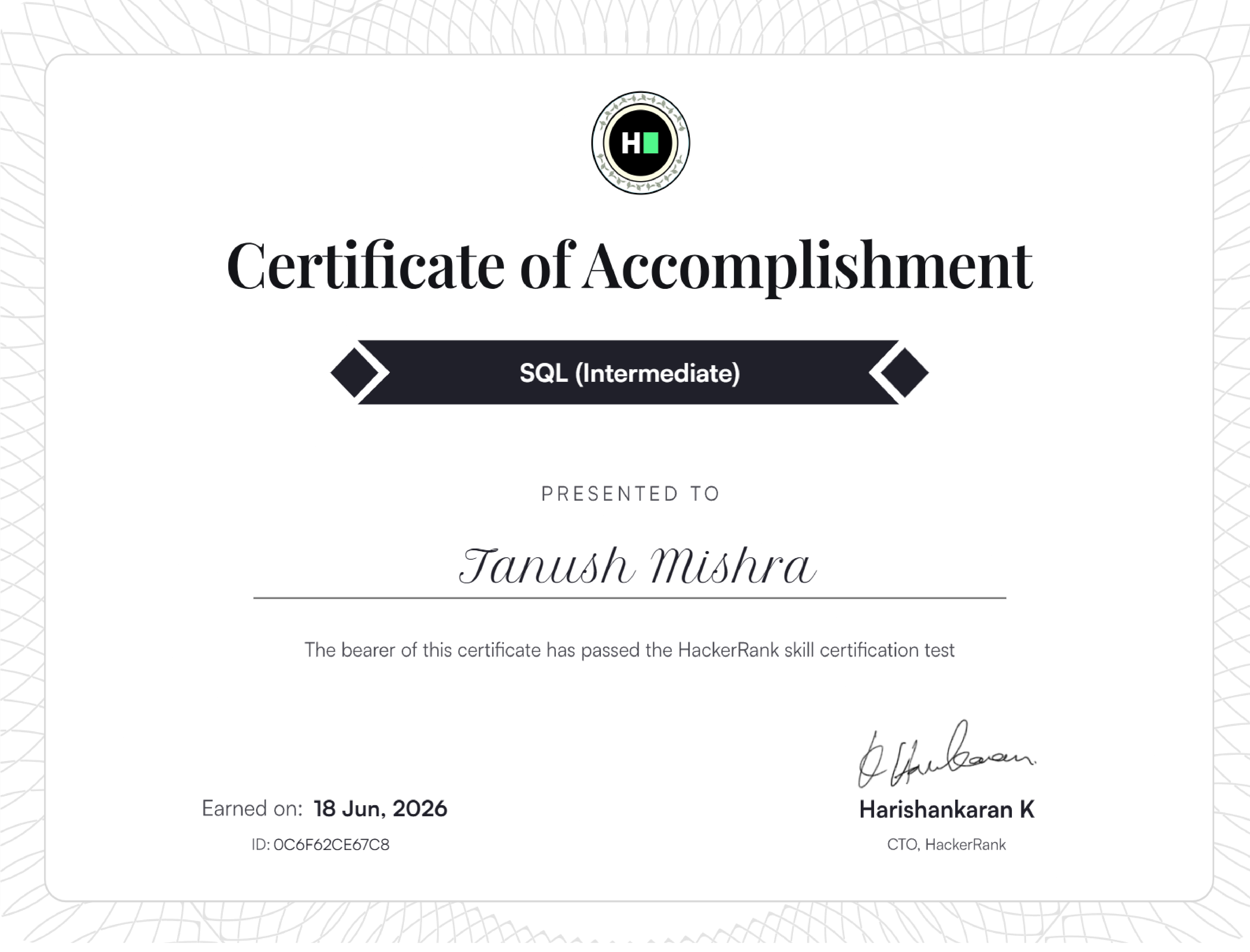 HackerRank SQL (Intermediate) Certificate