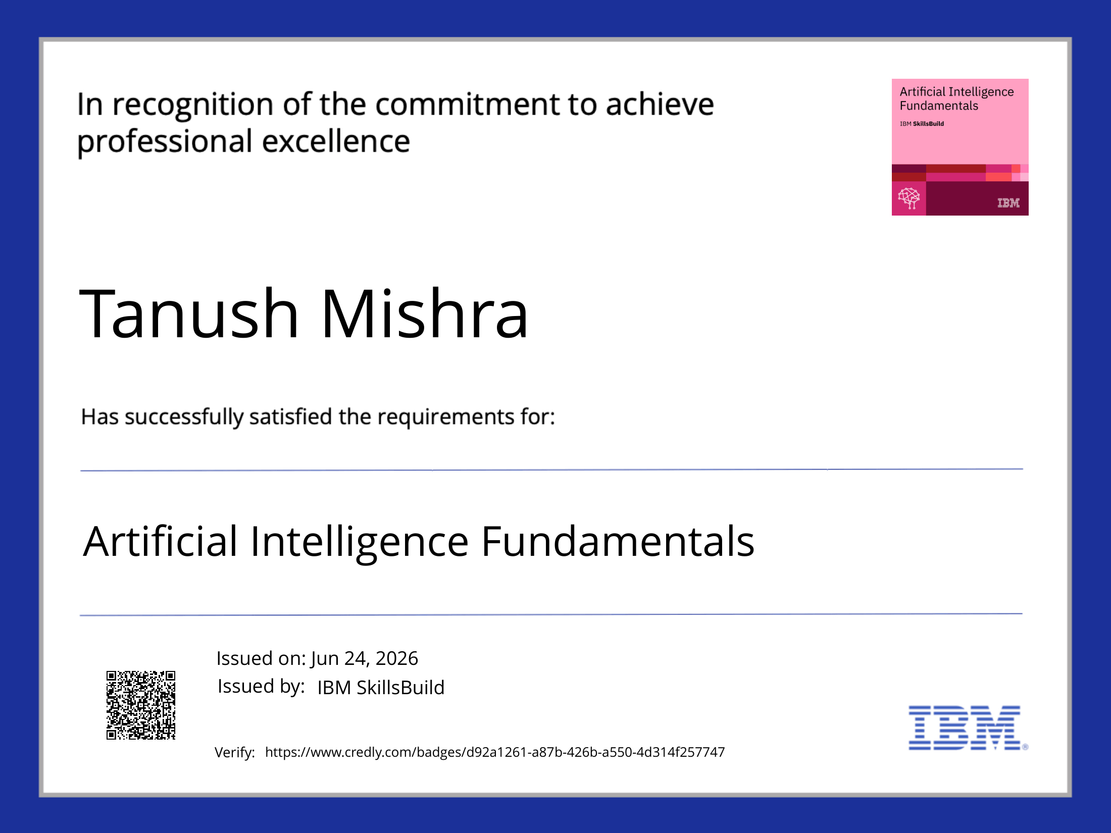 IBM SkillsBuild Artificial Intelligence Fundamentals Certificate